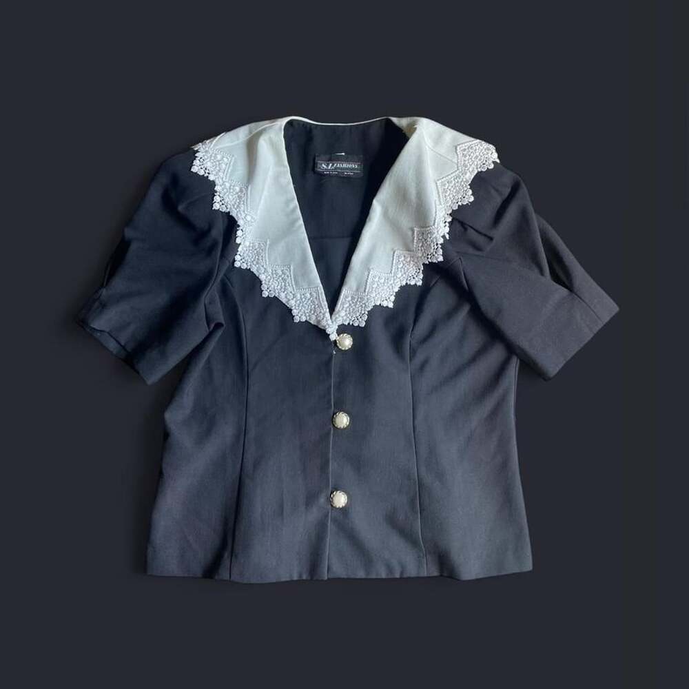 Vintage 80s S.L. Fashions Lace Sailor Collar Blouse Black Pearl Button